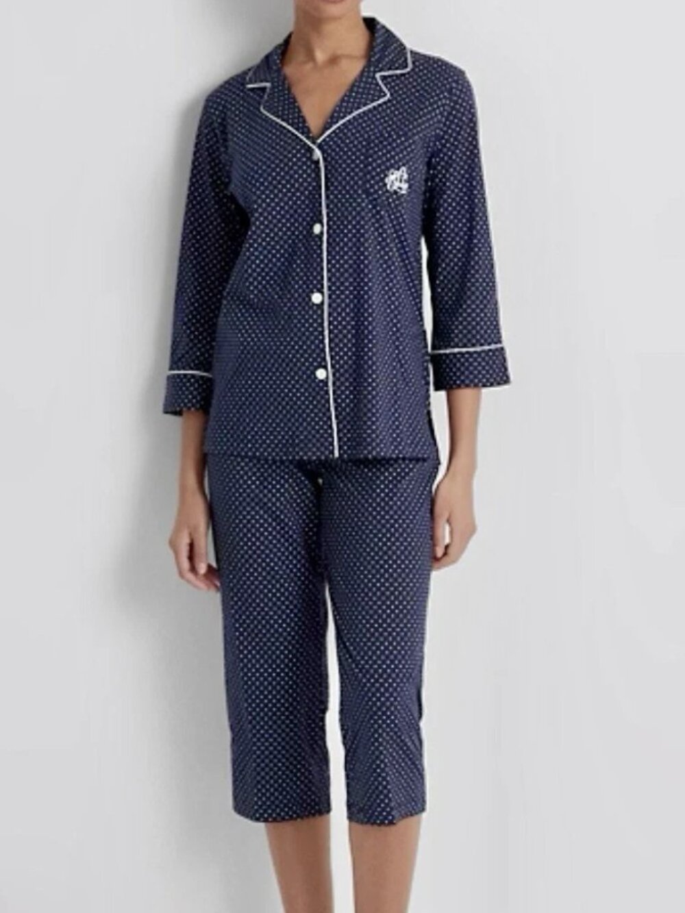 Lauren Ralph Lauren Womens 2-Piece Capri Pajama Set Polka Dot Navy Cotton 1X